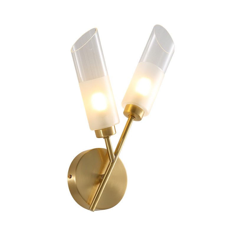 Beveled Tube Wall Light Sconce Post Modern Clear Glass 2-Light Brass Wall Lamp Fixture Clearhalo 'Cast Iron' 'Glass' 'Industrial' 'Modern wall lights' 'Modern' 'Tiffany' 'Traditional wall lights' 'Wall Lamps & Sconces' 'Wall Lights' Lighting' 875314