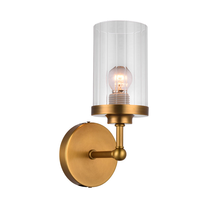 Brass Cylinder Wall Lighting Idea Postmodern 1-Head Clear Ribbed Glass Wall Mount Lamp Clearhalo 'Cast Iron' 'Glass' 'Industrial' 'Modern wall lights' 'Modern' 'Tiffany' 'Traditional wall lights' 'Wall Lamps & Sconces' 'Wall Lights' Lighting' 875317