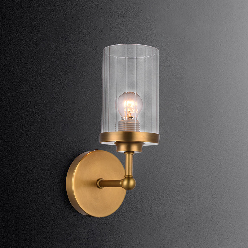 Brass Cylinder Wall Lighting Idea Postmodern 1-Head Clear Ribbed Glass Wall Mount Lamp Clearhalo 'Cast Iron' 'Glass' 'Industrial' 'Modern wall lights' 'Modern' 'Tiffany' 'Traditional wall lights' 'Wall Lamps & Sconces' 'Wall Lights' Lighting' 875318
