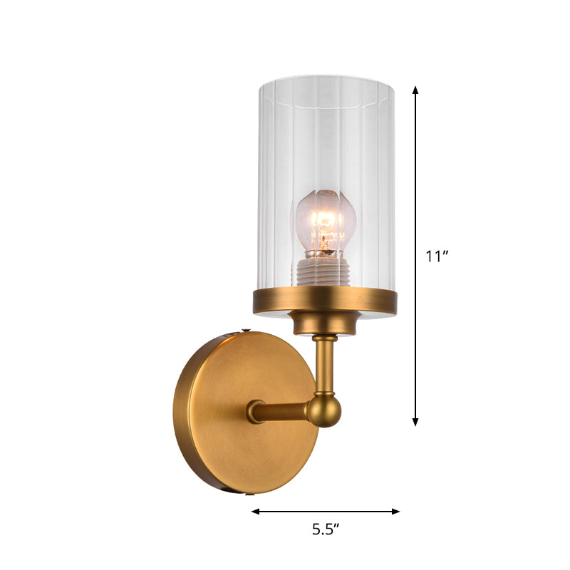 Brass Cylinder Wall Lighting Idea Postmodern 1-Head Clear Ribbed Glass Wall Mount Lamp Clearhalo 'Cast Iron' 'Glass' 'Industrial' 'Modern wall lights' 'Modern' 'Tiffany' 'Traditional wall lights' 'Wall Lamps & Sconces' 'Wall Lights' Lighting' 875319