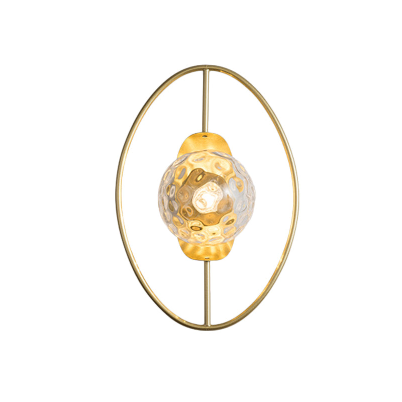 Clear Dimpled Glass Orb Sconce Lamp Modern 1-Bulb Black/Gold Wall Light Fixture with Ring Detail Clearhalo 'Cast Iron' 'Glass' 'Industrial' 'Modern wall lights' 'Modern' 'Tiffany' 'Traditional wall lights' 'Wall Lamps & Sconces' 'Wall Lights' Lighting' 875321
