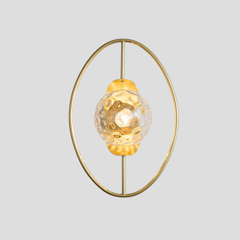 Clear Dimpled Glass Orb Sconce Lamp Modern 1-Bulb Black/Gold Wall Light Fixture with Ring Detail Clearhalo 'Cast Iron' 'Glass' 'Industrial' 'Modern wall lights' 'Modern' 'Tiffany' 'Traditional wall lights' 'Wall Lamps & Sconces' 'Wall Lights' Lighting' 875322