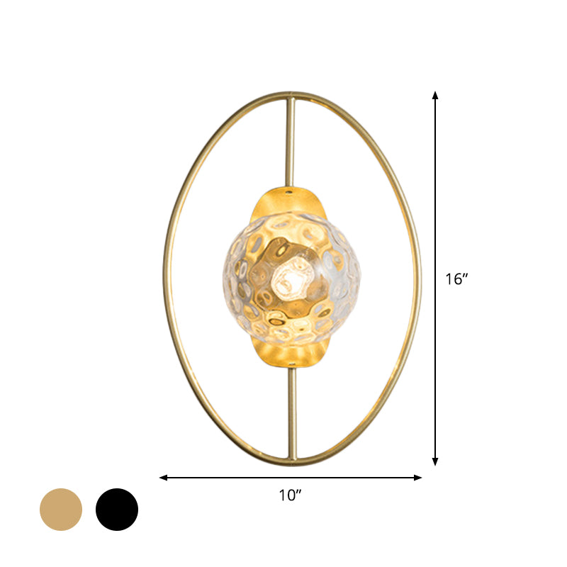 Clear Dimpled Glass Orb Sconce Lamp Modern 1-Bulb Black/Gold Wall Light Fixture with Ring Detail Clearhalo 'Cast Iron' 'Glass' 'Industrial' 'Modern wall lights' 'Modern' 'Tiffany' 'Traditional wall lights' 'Wall Lamps & Sconces' 'Wall Lights' Lighting' 875323