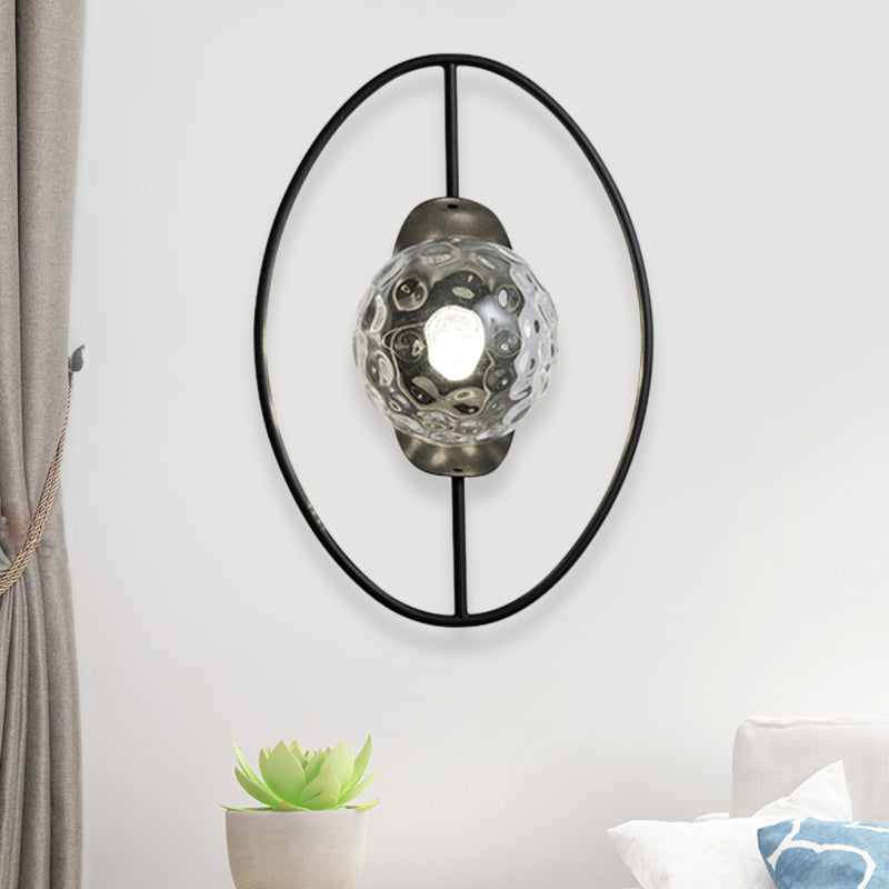 Clear Dimpled Glass Orb Sconce Lamp Modern 1-Bulb Black/Gold Wall Light Fixture with Ring Detail Black Clearhalo 'Cast Iron' 'Glass' 'Industrial' 'Modern wall lights' 'Modern' 'Tiffany' 'Traditional wall lights' 'Wall Lamps & Sconces' 'Wall Lights' Lighting' 875324