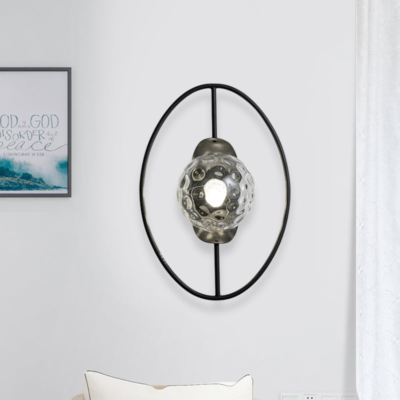 Clear Dimpled Glass Orb Sconce Lamp Modern 1-Bulb Black/Gold Wall Light Fixture with Ring Detail Clearhalo 'Cast Iron' 'Glass' 'Industrial' 'Modern wall lights' 'Modern' 'Tiffany' 'Traditional wall lights' 'Wall Lamps & Sconces' 'Wall Lights' Lighting' 875325