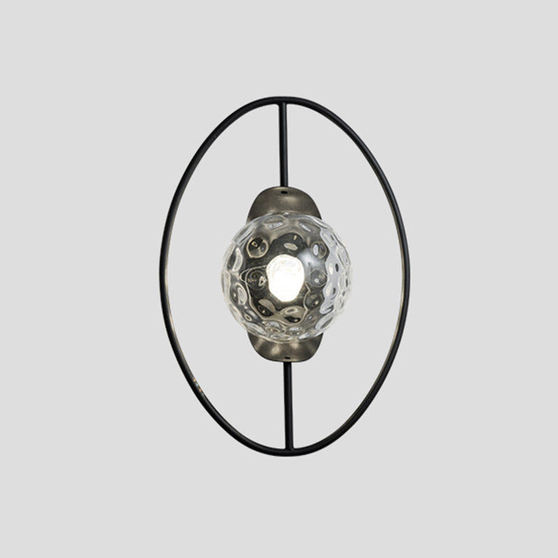 Clear Dimpled Glass Orb Sconce Lamp Modern 1-Bulb Black/Gold Wall Light Fixture with Ring Detail Clearhalo 'Cast Iron' 'Glass' 'Industrial' 'Modern wall lights' 'Modern' 'Tiffany' 'Traditional wall lights' 'Wall Lamps & Sconces' 'Wall Lights' Lighting' 875327