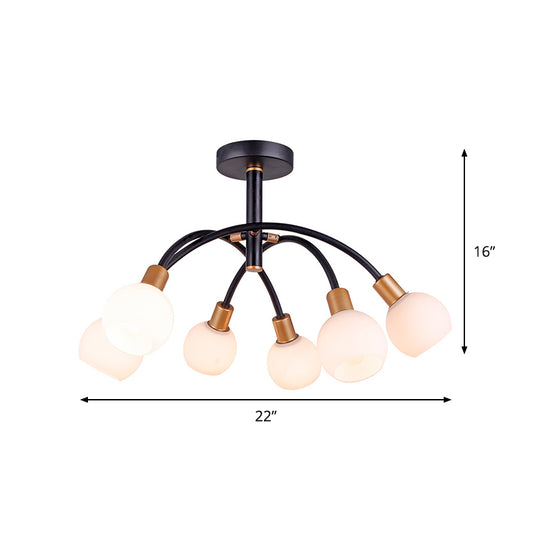 Modo Opal Glass Semi Flush Lighting Minimalism 4/6 Bulbs Black Flush Ceiling Lamp with Arced Arm Clearhalo 'Ceiling Lights' 'Close To Ceiling Lights' 'Close to ceiling' 'Glass shade' 'Glass' 'Island Lights' 'Pendant Lights' 'Semi-flushmount' Lighting' 875419