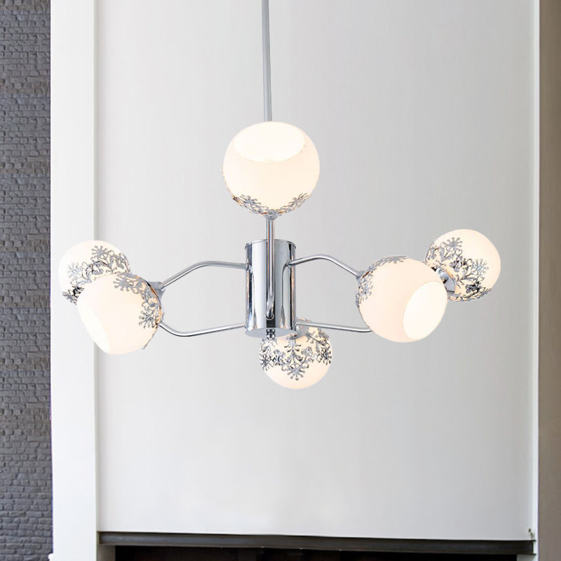 Contemporary Ball Hanging Chandelier Frosted White Glass 6 Lights Living Room Pendulum Lamp in Chrome with Flower Pattern Silver Clearhalo 'Ceiling Lights' 'Chandeliers' 'Modern Chandeliers' 'Modern' Lighting' 875429