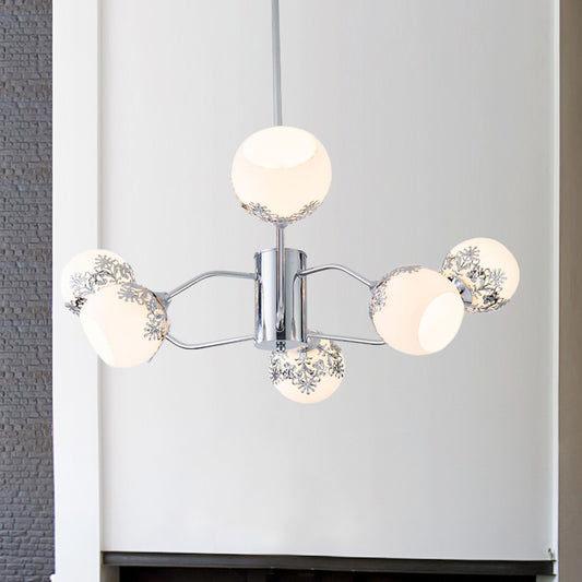 Contemporary Ball Hanging Chandelier Frosted White Glass 6 Lights Living Room Pendulum Lamp in Chrome with Flower Pattern Silver Clearhalo 'Ceiling Lights' 'Chandeliers' 'Modern Chandeliers' 'Modern' Lighting' 875429