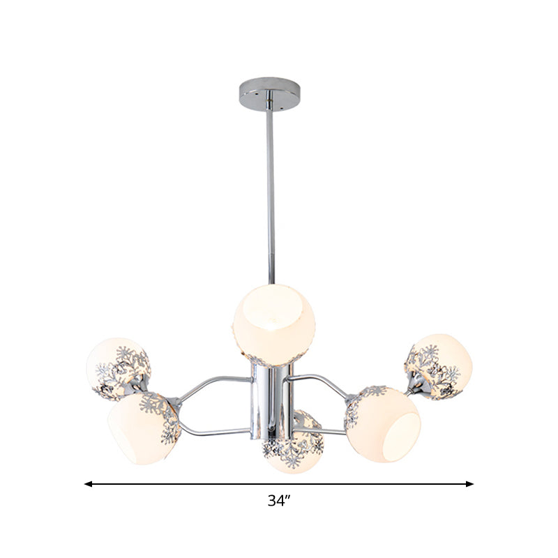 Contemporary Ball Hanging Chandelier Frosted White Glass 6 Lights Living Room Pendulum Lamp in Chrome with Flower Pattern Clearhalo 'Ceiling Lights' 'Chandeliers' 'Modern Chandeliers' 'Modern' Lighting' 875432