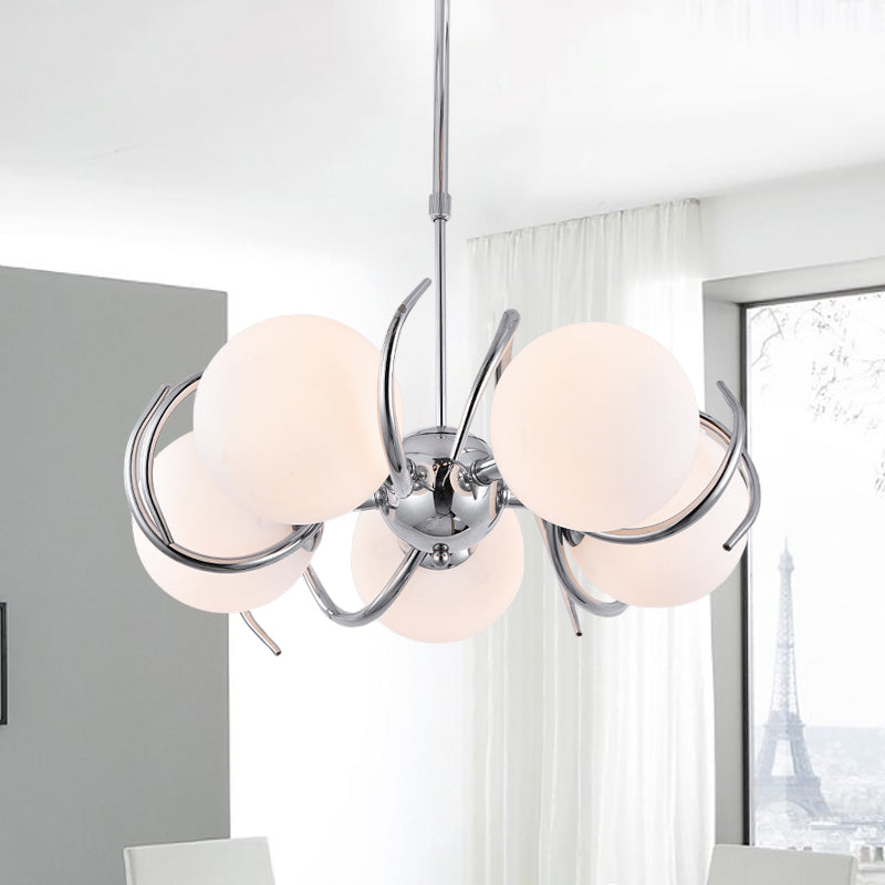 Spherical Pendant Chandelier Modernism Cream Glass 5-Head Chrome Twisted Hanging Light Kit Chrome Clearhalo 'Ceiling Lights' 'Chandeliers' 'Modern Chandeliers' 'Modern' Lighting' 875433