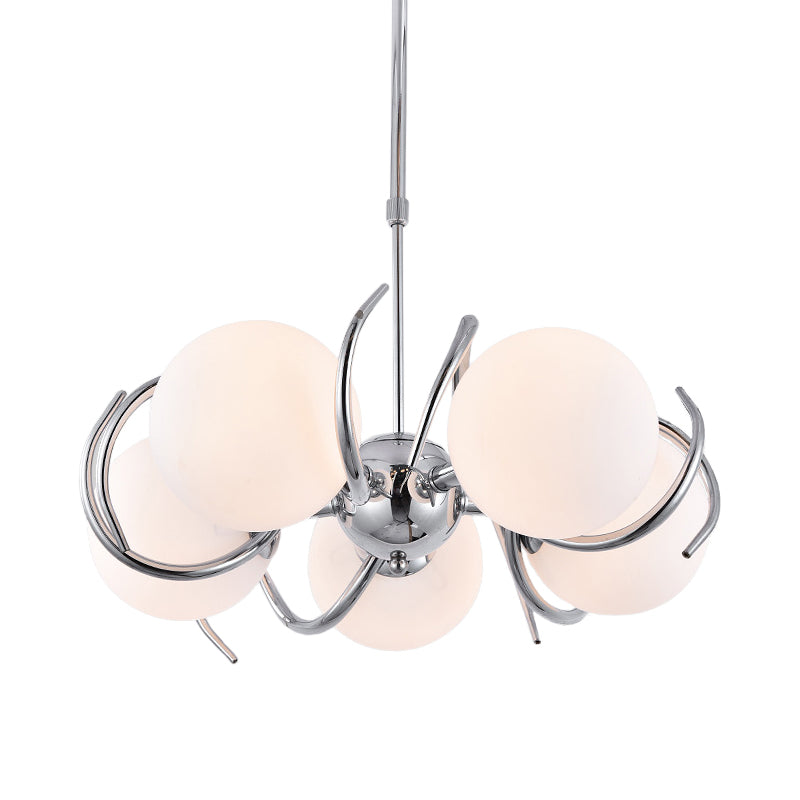 Spherical Pendant Chandelier Modernism Cream Glass 5-Head Chrome Twisted Hanging Light Kit Clearhalo 'Ceiling Lights' 'Chandeliers' 'Modern Chandeliers' 'Modern' Lighting' 875434