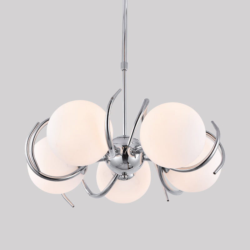 Spherical Pendant Chandelier Modernism Cream Glass 5-Head Chrome Twisted Hanging Light Kit Clearhalo 'Ceiling Lights' 'Chandeliers' 'Modern Chandeliers' 'Modern' Lighting' 875435