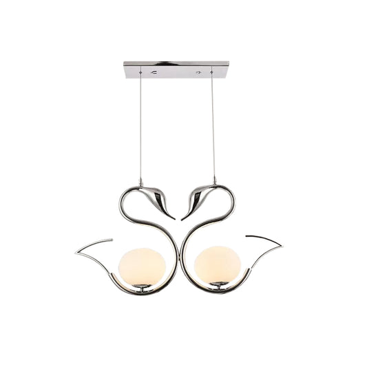 Metal Swan Shape Multi Pendant Light Modernist 2-Light Chrome Suspension Lamp with Orb White Frosted Glass Shade Clearhalo 'Ceiling Lights' 'Glass shade' 'Glass' 'Modern Pendants' 'Modern' 'Pendant Lights' 'Pendants' Lighting' 875438