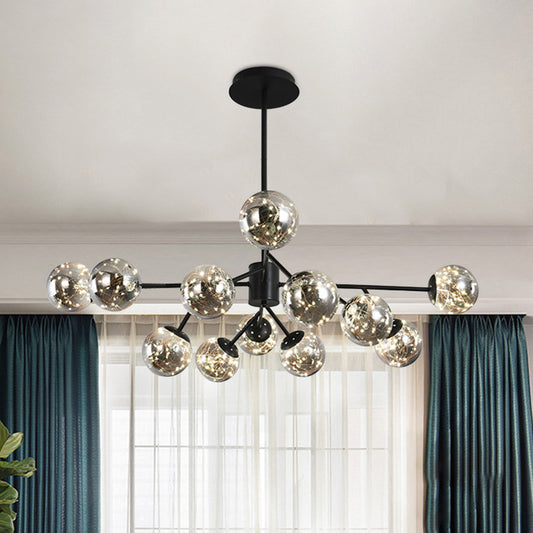 12 Lights Living Room Hanging Lighting Modern Black Branch Chandelier Lamp with Globe Smoke Gray Glass Shade Smoke Gray Clearhalo 'Ceiling Lights' 'Chandeliers' 'Modern Chandeliers' 'Modern' Lighting' 875441