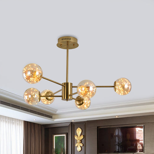 Amber Glass Ball Suspension Light Modernist 6/8 Heads Brass Sputnik Ceiling Chandelier for Dining Room 6 Amber Clearhalo 'Ceiling Lights' 'Chandeliers' 'Modern Chandeliers' 'Modern' Lighting' 875445