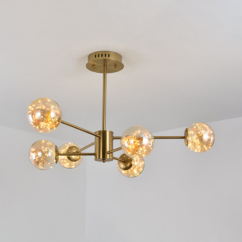 Amber Glass Ball Suspension Light Modernist 6/8 Heads Brass Sputnik Ceiling Chandelier for Dining Room Clearhalo 'Ceiling Lights' 'Chandeliers' 'Modern Chandeliers' 'Modern' Lighting' 875446