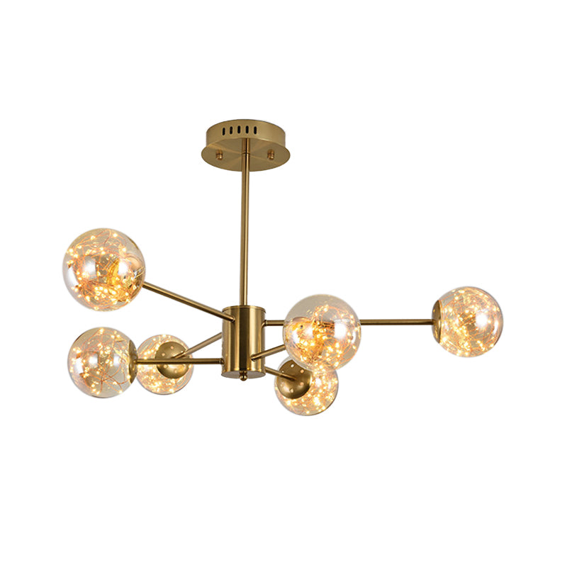 Amber Glass Ball Suspension Light Modernist 6/8 Heads Brass Sputnik Ceiling Chandelier for Dining Room Clearhalo 'Ceiling Lights' 'Chandeliers' 'Modern Chandeliers' 'Modern' Lighting' 875447