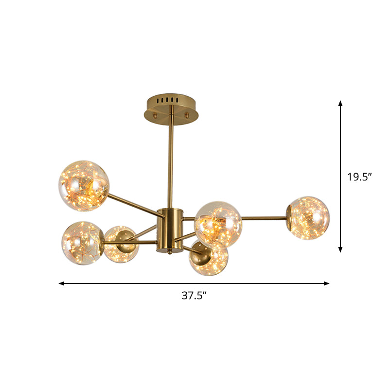 Amber Glass Ball Suspension Light Modernist 6/8 Heads Brass Sputnik Ceiling Chandelier for Dining Room Clearhalo 'Ceiling Lights' 'Chandeliers' 'Modern Chandeliers' 'Modern' Lighting' 875448