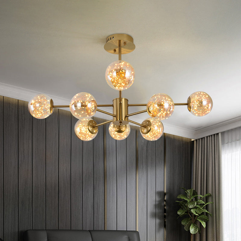 Amber Glass Ball Suspension Light Modernist 6/8 Heads Brass Sputnik Ceiling Chandelier for Dining Room 8 Amber Clearhalo 'Ceiling Lights' 'Chandeliers' 'Modern Chandeliers' 'Modern' Lighting' 875449