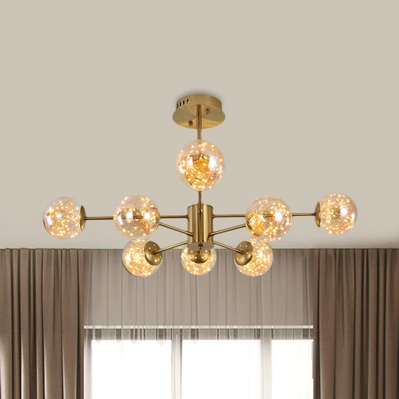 Amber Glass Ball Suspension Light Modernist 6/8 Heads Brass Sputnik Ceiling Chandelier for Dining Room Clearhalo 'Ceiling Lights' 'Chandeliers' 'Modern Chandeliers' 'Modern' Lighting' 875450