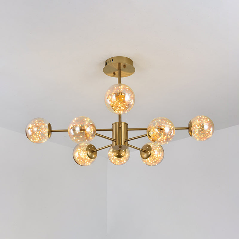 Amber Glass Ball Suspension Light Modernist 6/8 Heads Brass Sputnik Ceiling Chandelier for Dining Room Clearhalo 'Ceiling Lights' 'Chandeliers' 'Modern Chandeliers' 'Modern' Lighting' 875451