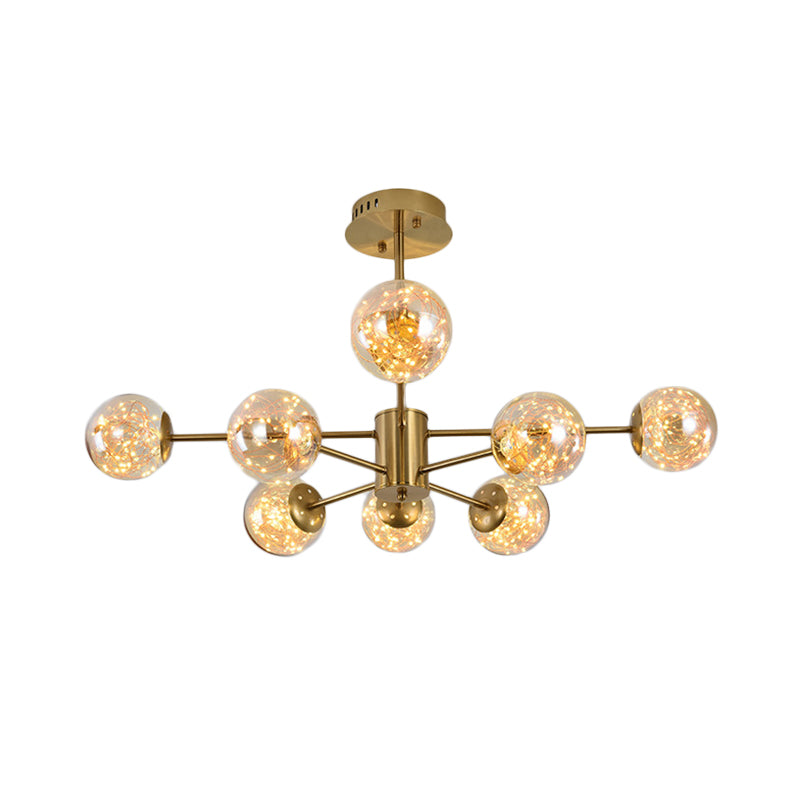 Amber Glass Ball Suspension Light Modernist 6/8 Heads Brass Sputnik Ceiling Chandelier for Dining Room Clearhalo 'Ceiling Lights' 'Chandeliers' 'Modern Chandeliers' 'Modern' Lighting' 875452