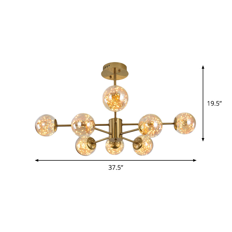 Amber Glass Ball Suspension Light Modernist 6/8 Heads Brass Sputnik Ceiling Chandelier for Dining Room Clearhalo 'Ceiling Lights' 'Chandeliers' 'Modern Chandeliers' 'Modern' Lighting' 875453