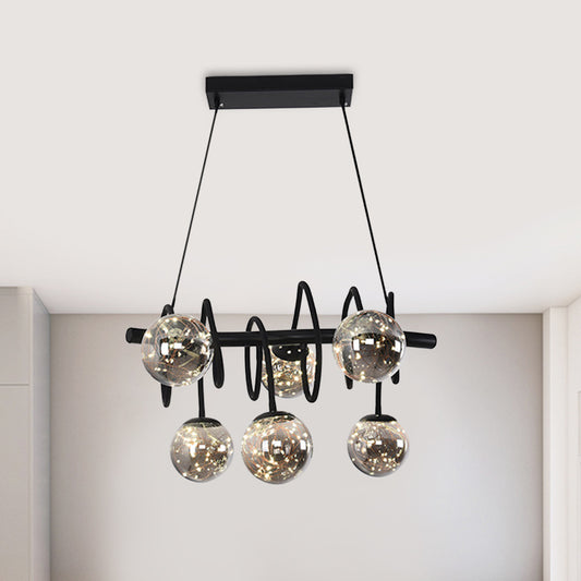 Modern Spiral Island Pendant Light Metal 6 Bulbs Dining Room LED Hanging Lamp in Black with Orb Smoke Gray Glass Shade Smoke Gray Clearhalo 'Ceiling Lights' 'Glass shade' 'Glass' 'Island Lights' 'Pendant Lights' Lighting' 875454