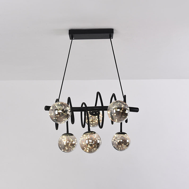 Modern Spiral Island Pendant Light Metal 6 Bulbs Dining Room LED Hanging Lamp in Black with Orb Smoke Gray Glass Shade Clearhalo 'Ceiling Lights' 'Glass shade' 'Glass' 'Island Lights' 'Pendant Lights' Lighting' 875455