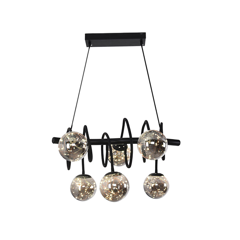 Modern Spiral Island Pendant Light Metal 6 Bulbs Dining Room LED Hanging Lamp in Black with Orb Smoke Gray Glass Shade Clearhalo 'Ceiling Lights' 'Glass shade' 'Glass' 'Island Lights' 'Pendant Lights' Lighting' 875456