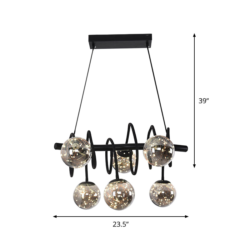 Modern Spiral Island Pendant Light Metal 6 Bulbs Dining Room LED Hanging Lamp in Black with Orb Smoke Gray Glass Shade Clearhalo 'Ceiling Lights' 'Glass shade' 'Glass' 'Island Lights' 'Pendant Lights' Lighting' 875457