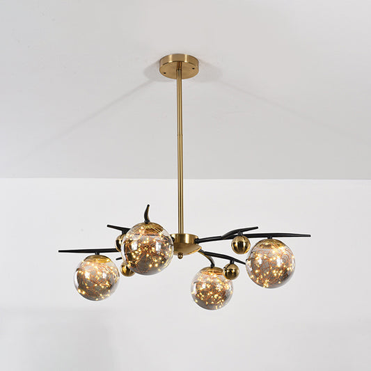 Brass Globe Chandelier with Glowworm Design Contemporary 4/6 Lights Smoke Gray Glass Radial Suspension Lamp Clearhalo 'Ceiling Lights' 'Chandeliers' 'Modern Chandeliers' 'Modern' Lighting' 875459