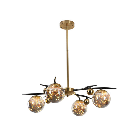 Brass Globe Chandelier with Glowworm Design Contemporary 4/6 Lights Smoke Gray Glass Radial Suspension Lamp Clearhalo 'Ceiling Lights' 'Chandeliers' 'Modern Chandeliers' 'Modern' Lighting' 875460