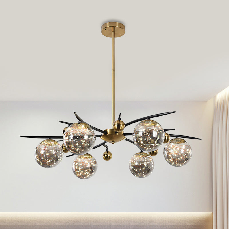 Brass Globe Chandelier with Glowworm Design Contemporary 4/6 Lights Smoke Gray Glass Radial Suspension Lamp 6 Brass Clearhalo 'Ceiling Lights' 'Chandeliers' 'Modern Chandeliers' 'Modern' Lighting' 875462