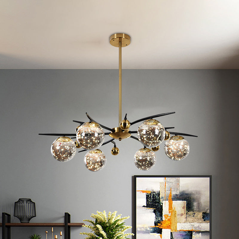 Brass Globe Chandelier with Glowworm Design Contemporary 4/6 Lights Smoke Gray Glass Radial Suspension Lamp Clearhalo 'Ceiling Lights' 'Chandeliers' 'Modern Chandeliers' 'Modern' Lighting' 875463