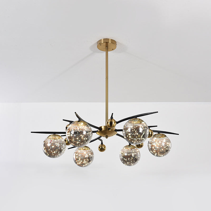 Brass Globe Chandelier with Glowworm Design Contemporary 4/6 Lights Smoke Gray Glass Radial Suspension Lamp Clearhalo 'Ceiling Lights' 'Chandeliers' 'Modern Chandeliers' 'Modern' Lighting' 875464