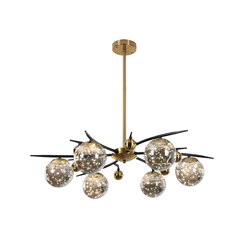 Brass Globe Chandelier with Glowworm Design Contemporary 4/6 Lights Smoke Gray Glass Radial Suspension Lamp Clearhalo 'Ceiling Lights' 'Chandeliers' 'Modern Chandeliers' 'Modern' Lighting' 875465