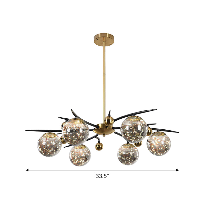 Brass Globe Chandelier with Glowworm Design Contemporary 4/6 Lights Smoke Gray Glass Radial Suspension Lamp Clearhalo 'Ceiling Lights' 'Chandeliers' 'Modern Chandeliers' 'Modern' Lighting' 875466