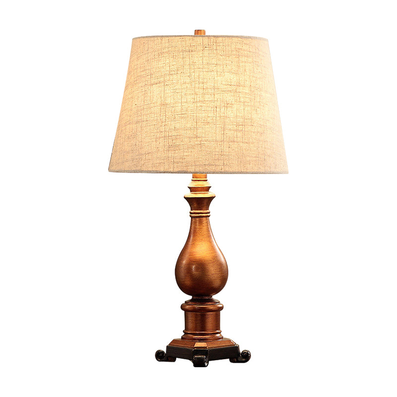 1-Head Night Lamp Vintage Tapered Fabric Table Lighting in Brown with Resin Vase Base Clearhalo 'Lamps' 'Table Lamps' Lighting' 875681