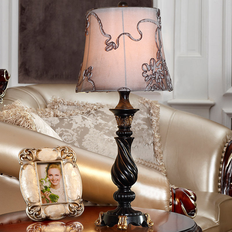 Classic Drum Night Lighting 1 Head Fabric Swirl Patterned Nightstand Lamp in Black with Blaster Base Clearhalo 'Lamps' 'Table Lamps' Lighting' 875727