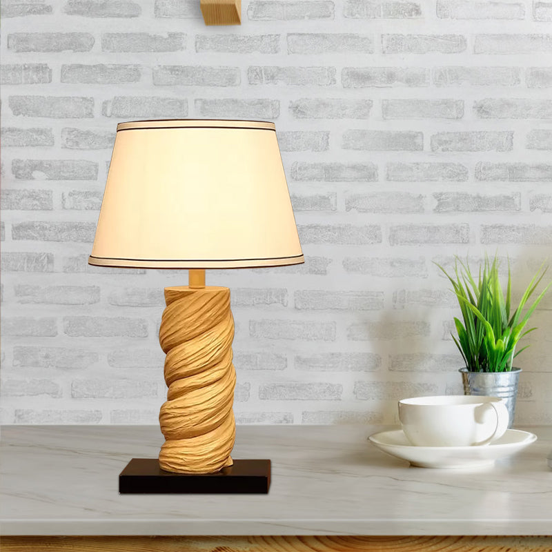Conic Fabric Night Table Lighting Traditional 1-Light Bedroom Desk Light in White/Brown with Resin Twisted Column Clearhalo 'Lamps' 'Table Lamps' Lighting' 875748