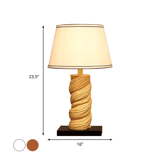 Conic Fabric Night Table Lighting Traditional 1-Light Bedroom Desk Light in White/Brown with Resin Twisted Column Clearhalo 'Lamps' 'Table Lamps' Lighting' 875750