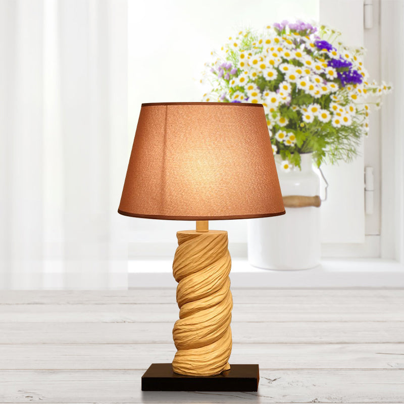 Conic Fabric Night Table Lighting Traditional 1-Light Bedroom Desk Light in White/Brown with Resin Twisted Column Clearhalo 'Lamps' 'Table Lamps' Lighting' 875753