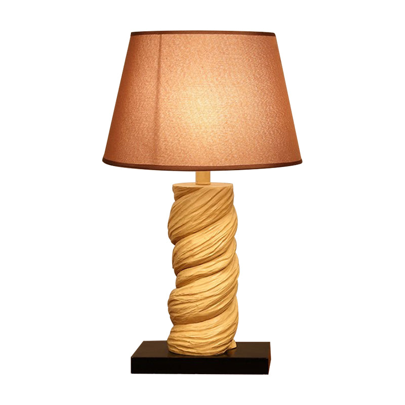 Conic Fabric Night Table Lighting Traditional 1-Light Bedroom Desk Light in White/Brown with Resin Twisted Column Clearhalo 'Lamps' 'Table Lamps' Lighting' 875754