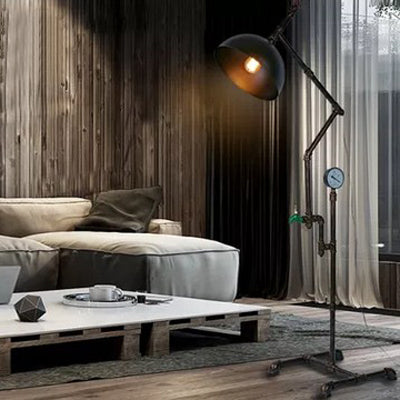 Metallic Dome Shade Floor Lamp with Gauge Decoration Industrial Stylish 1 Light Living Room Floor Light in Black Black Clearhalo 'Floor Lamps' 'Lamps' Lighting' 87584