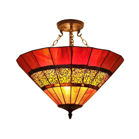 Bedroom Ceiling Lighting LED, 3 Lights Umbrella Semi Flush Light in Copper with Rod and Stained Glass Shade Tiffany Style, H8.5" x D18.5" Red Clearhalo 'Ceiling Lights' 'Close To Ceiling Lights' 'Close to ceiling' 'Glass shade' 'Glass' 'Pendant Lights' 'Semi-flushmount' 'Tiffany close to ceiling' 'Tiffany' Lighting' 87670