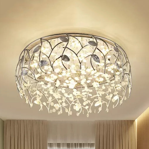 Romantic Chrome Flush Mount Light with Leaf & Crystal Bead Metal Ceiling Fixture for Bedroom Clearhalo 'Ceiling Lights' 'Close To Ceiling Lights' 'Close to ceiling' 'Flush mount' Lighting' 88059