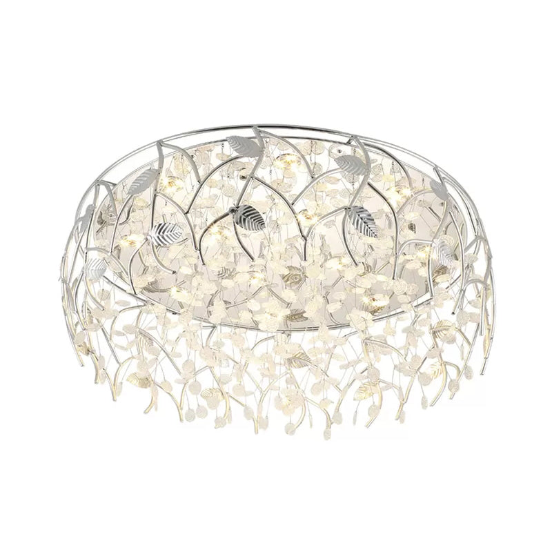 Romantic Chrome Flush Mount Light with Leaf & Crystal Bead Metal Ceiling Fixture for Bedroom Clearhalo 'Ceiling Lights' 'Close To Ceiling Lights' 'Close to ceiling' 'Flush mount' Lighting' 88060