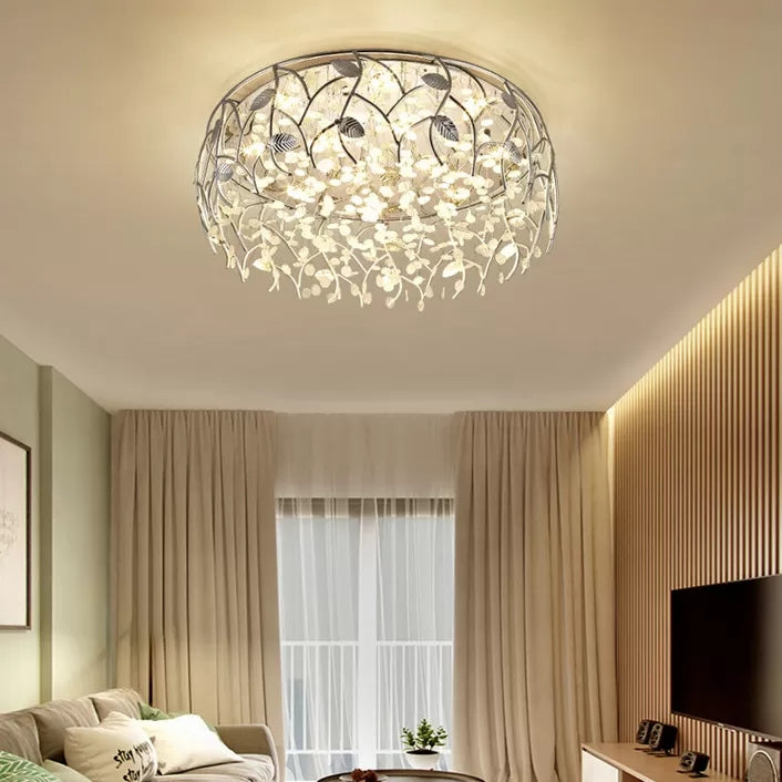 Romantic Chrome Flush Mount Light with Leaf & Crystal Bead Metal Ceiling Fixture for Bedroom Clearhalo 'Ceiling Lights' 'Close To Ceiling Lights' 'Close to ceiling' 'Flush mount' Lighting' 88061